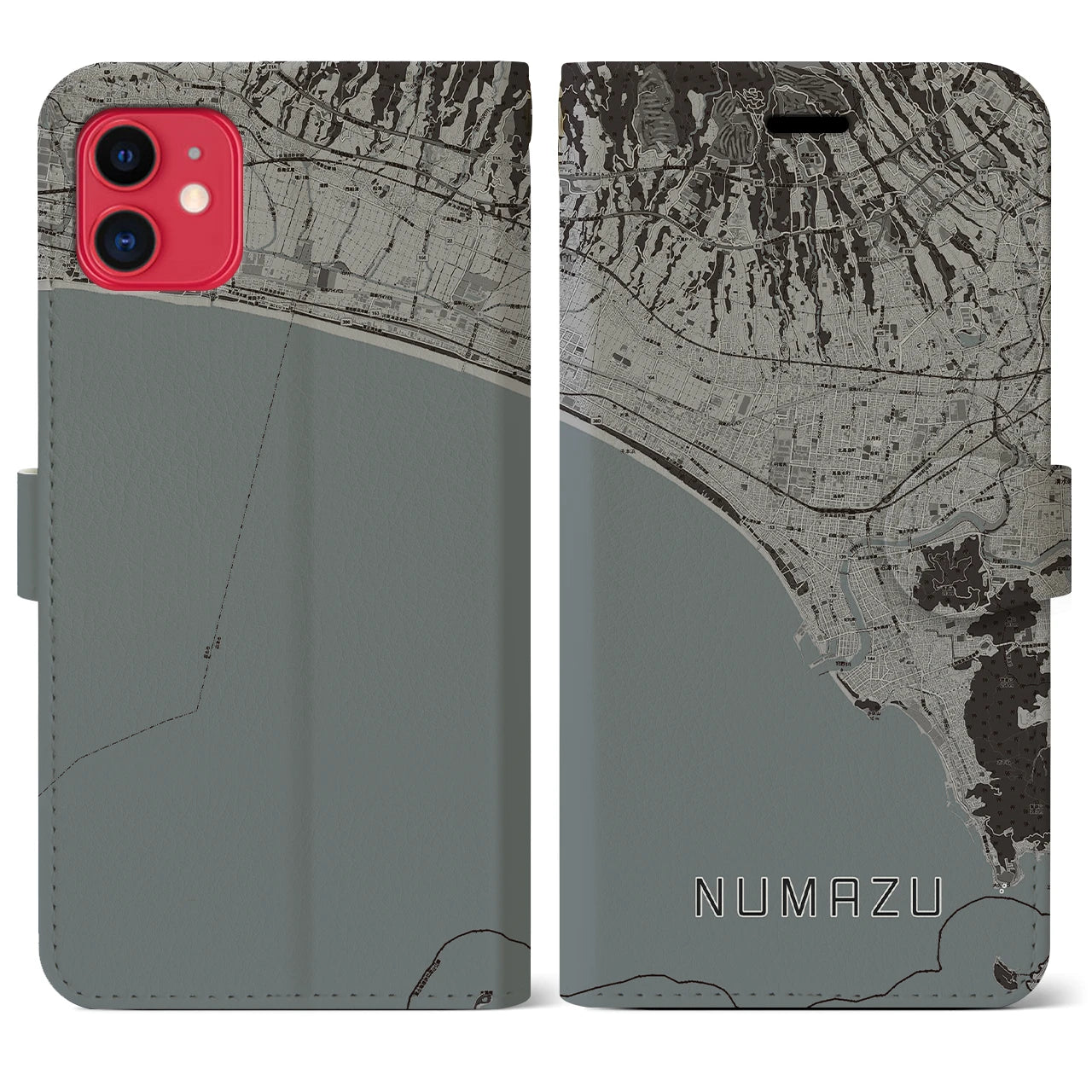 【沼津(静岡県)】地図柄iPhoneケース(手帳タイプ)モノトーン・iPhone 11 用