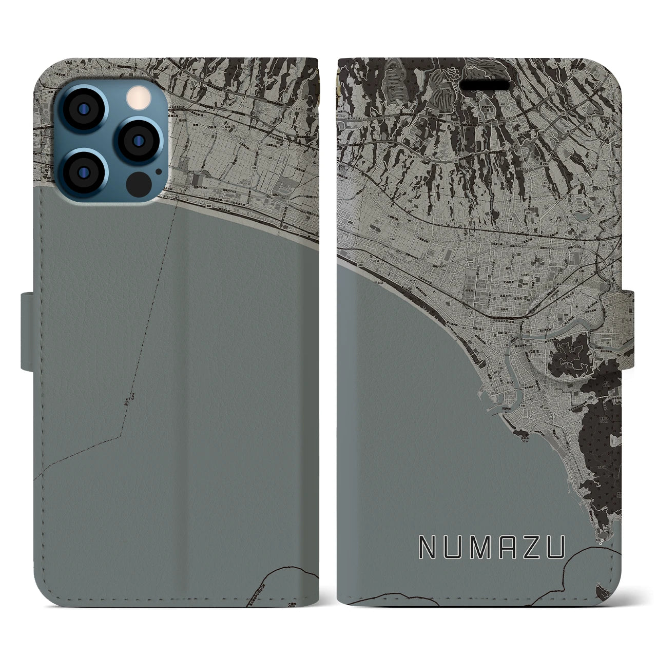 【沼津(静岡県)】地図柄iPhoneケース(手帳タイプ)モノトーン・iPhone 12 / 12 Pro 用