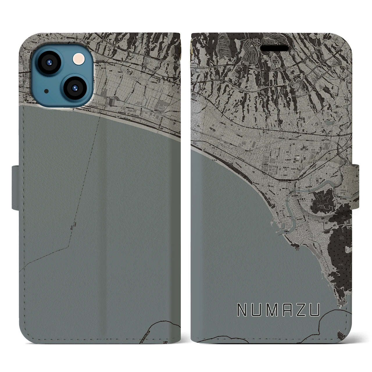 【沼津(静岡県)】地図柄iPhoneケース(手帳タイプ)モノトーン・iPhone 13 用