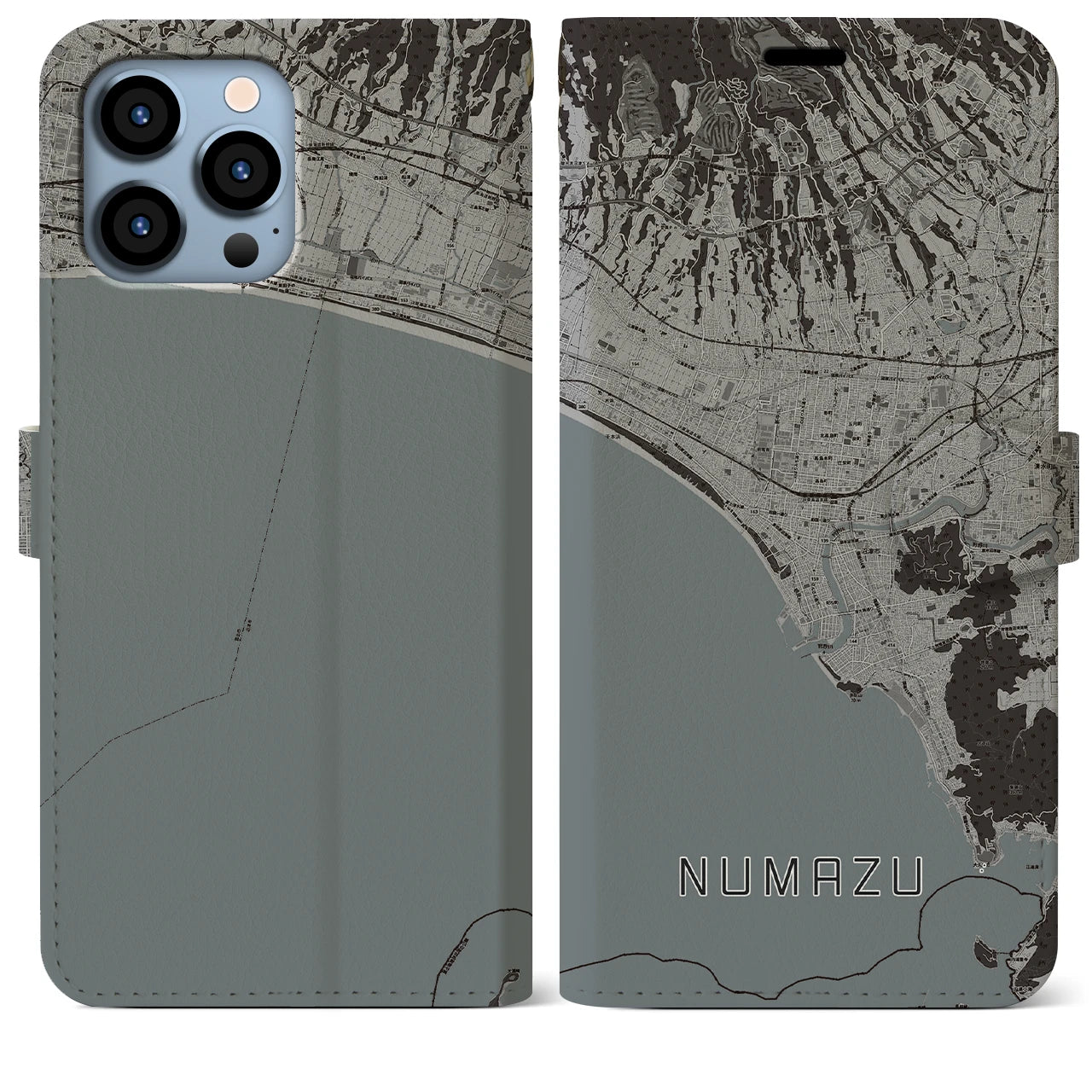 【沼津(静岡県)】地図柄iPhoneケース(手帳タイプ)モノトーン・iPhone 13 Pro Max 用