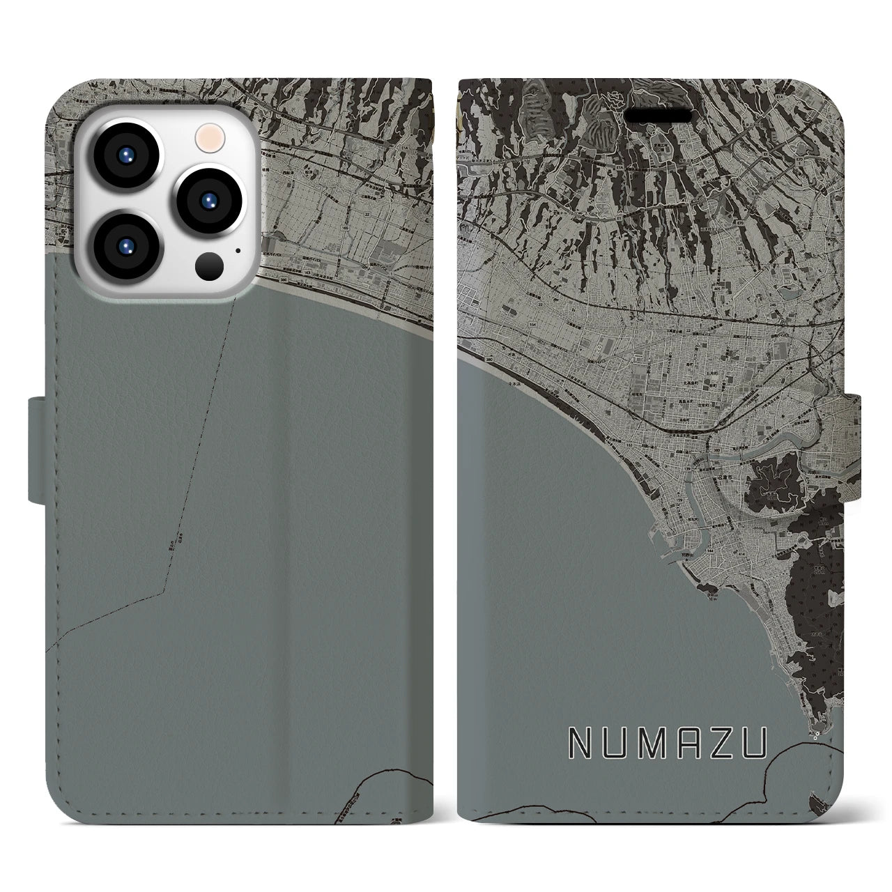 【沼津(静岡県)】地図柄iPhoneケース(手帳タイプ)モノトーン・iPhone 13 Pro 用