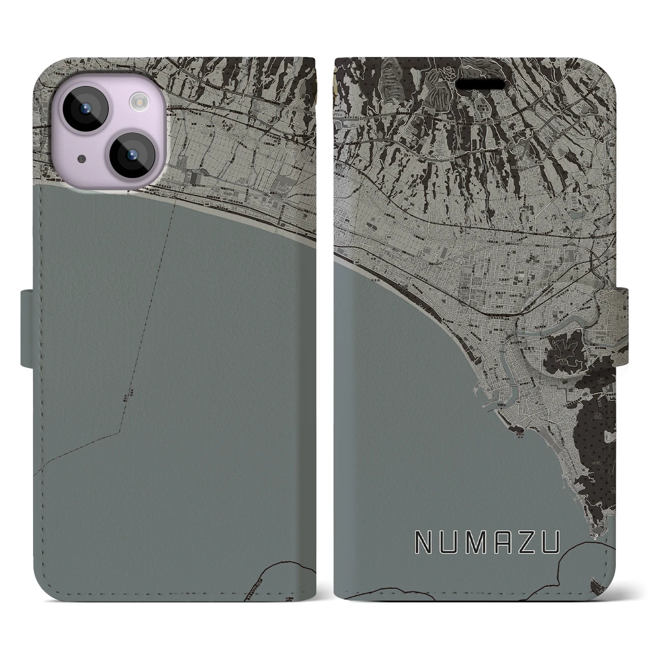 【沼津(静岡県)】地図柄iPhoneケース(手帳タイプ)モノトーン・iPhone 14 用