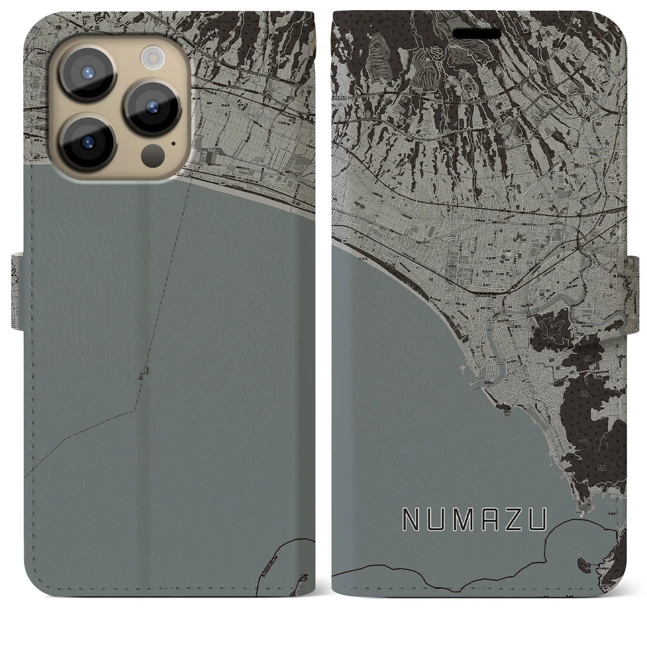 【沼津(静岡県)】地図柄iPhoneケース(手帳タイプ)モノトーン・iPhone 14 Pro Max 用