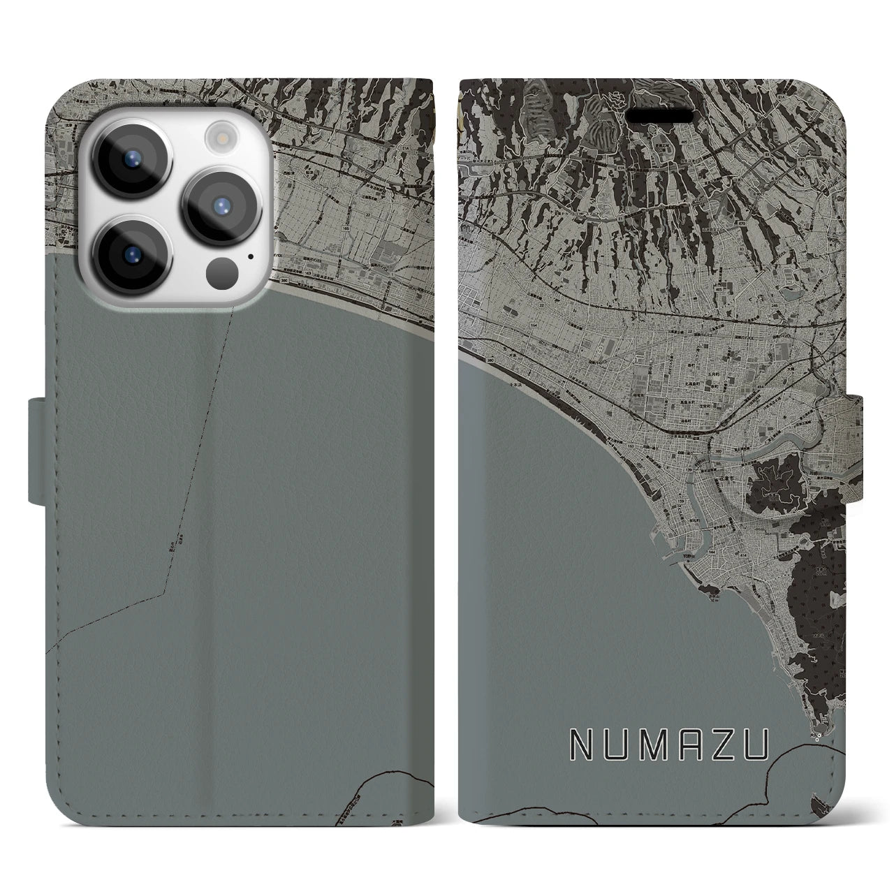 【沼津(静岡県)】地図柄iPhoneケース(手帳タイプ)モノトーン・iPhone 14 Pro 用