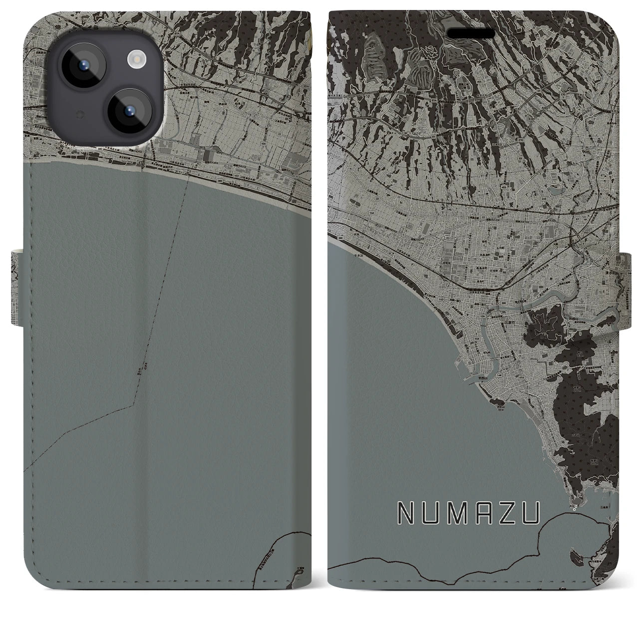 【沼津(静岡県)】地図柄iPhoneケース(手帳タイプ)モノトーン・iPhone 14 Plus 用