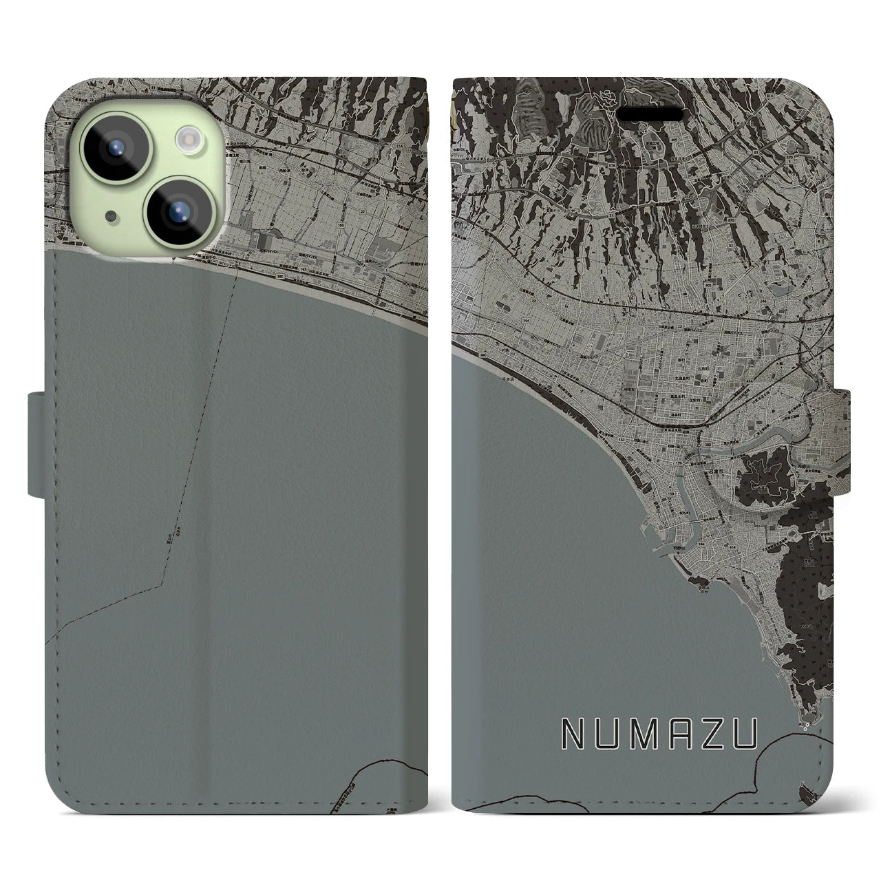 【沼津(静岡県)】地図柄iPhoneケース(手帳タイプ)モノトーン・iPhone 15 用