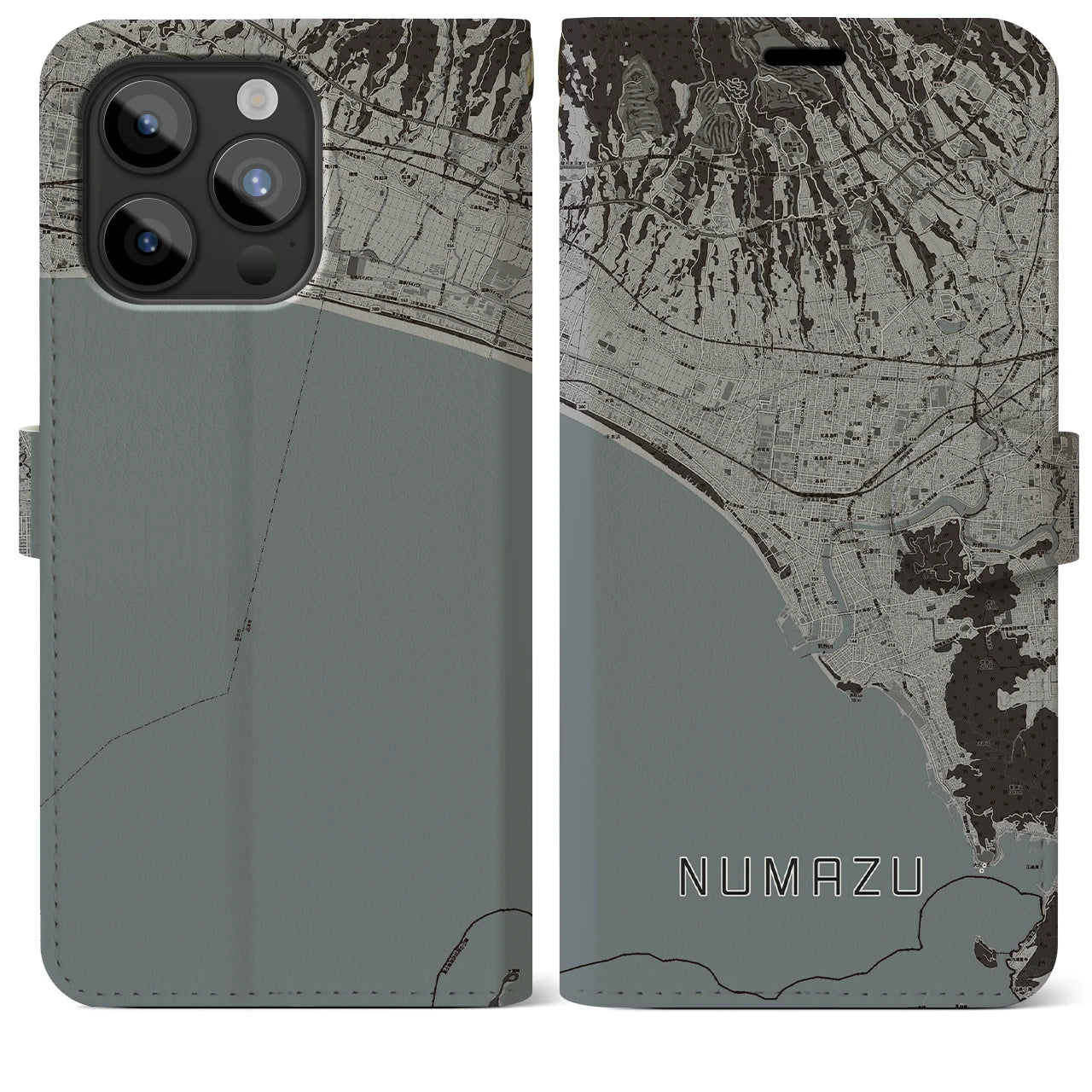 【沼津(静岡県)】地図柄iPhoneケース(手帳タイプ)モノトーン・iPhone 15 Pro Max 用