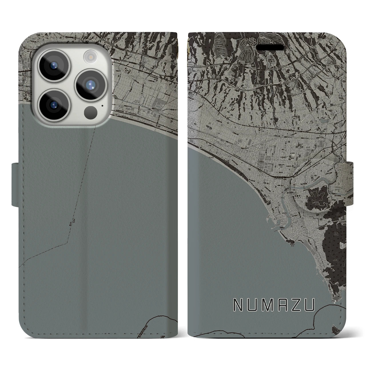 【沼津(静岡県)】地図柄iPhoneケース(手帳タイプ)モノトーン・iPhone 15 Pro 用