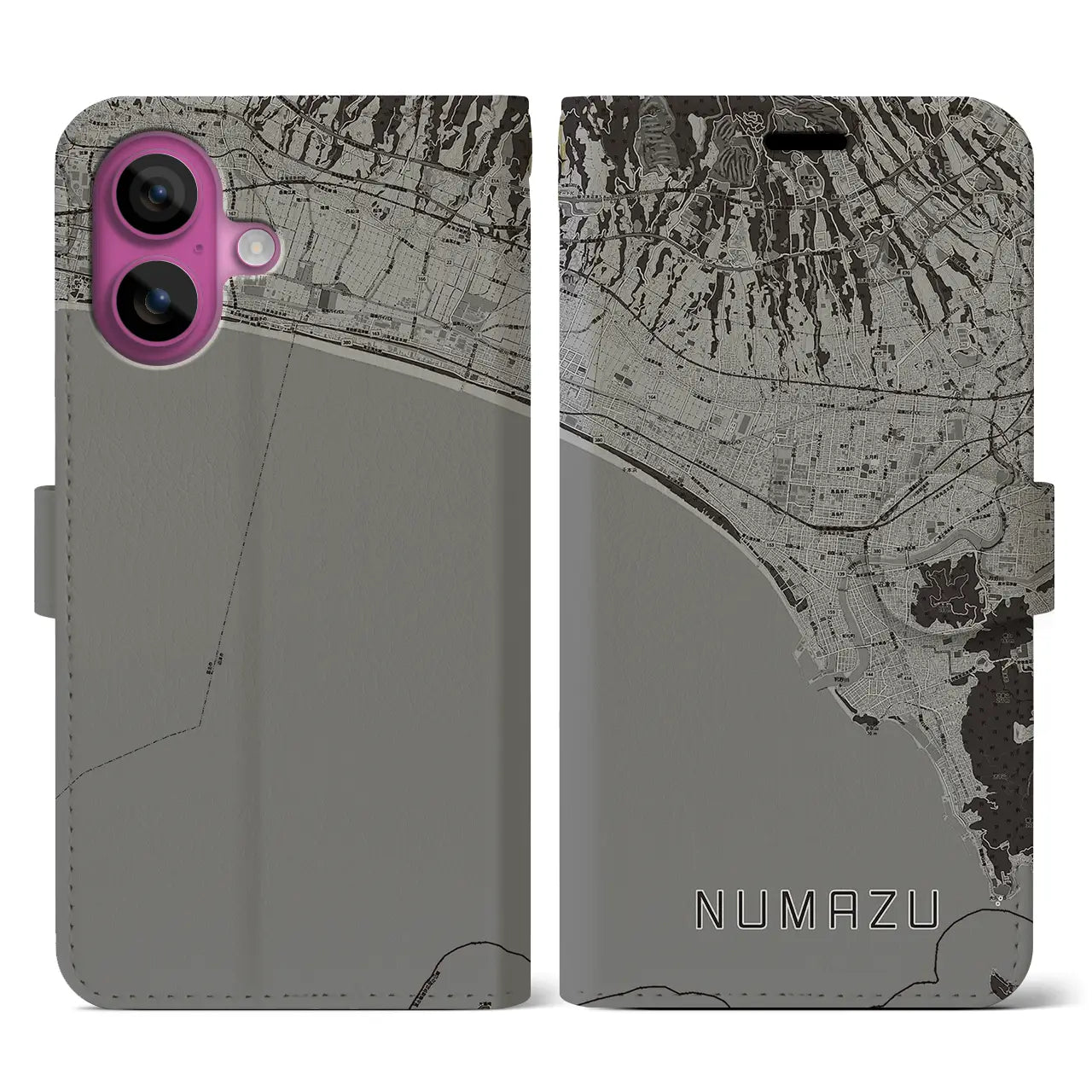 【沼津(静岡県)】地図柄iPhoneケース(手帳タイプ)モノトーン・iPhone 16 Pro 用