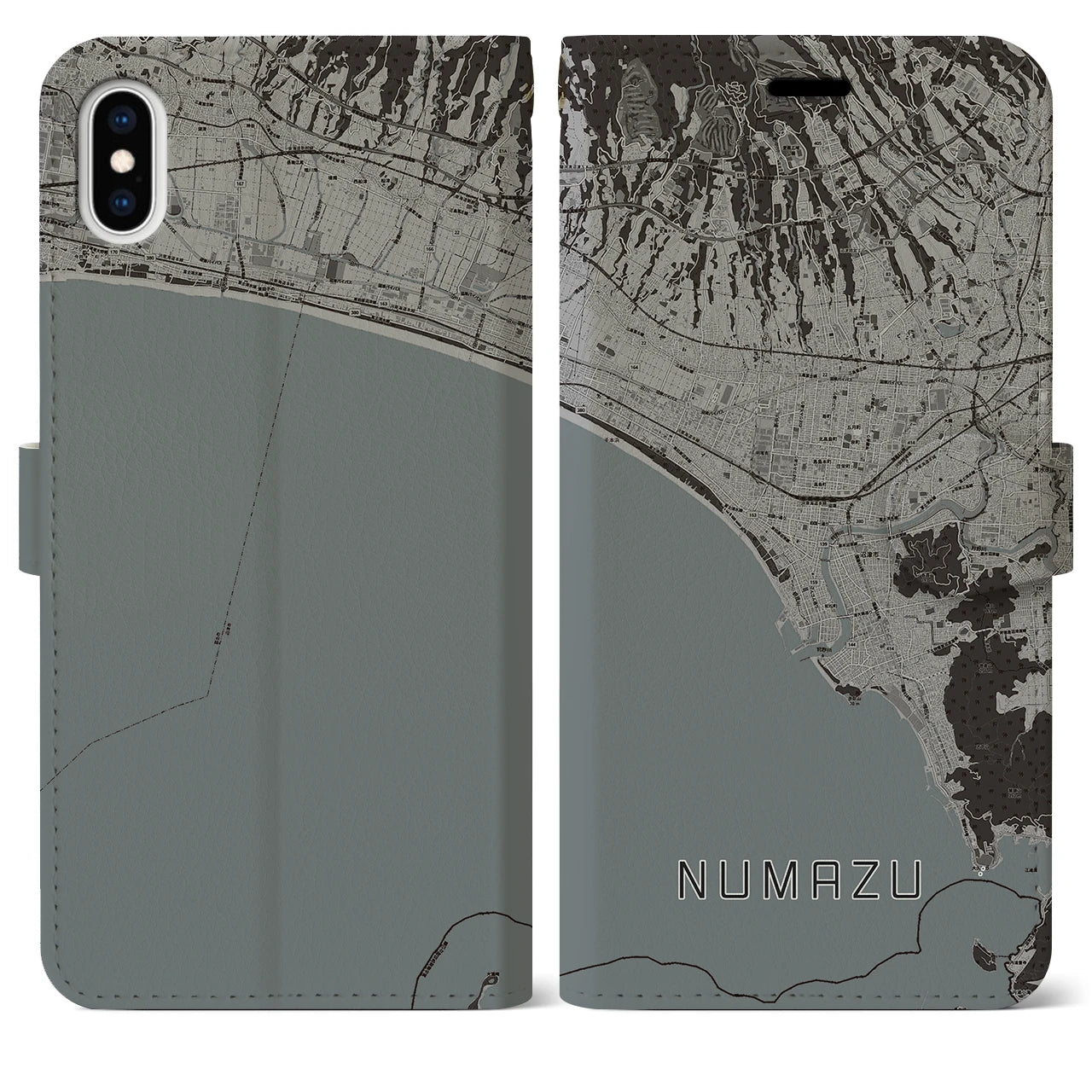 【沼津(静岡県)】地図柄iPhoneケース(手帳タイプ)モノトーン・iPhone XS Max 用