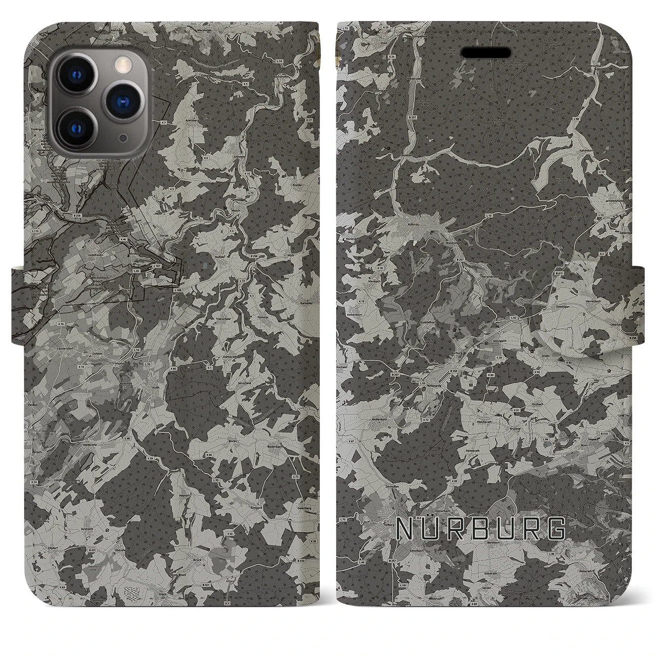 【ニュルブルク(ドイツ)】地図柄iPhoneケース(手帳タイプ)モノトーン・iPhone 11 Pro Max 用