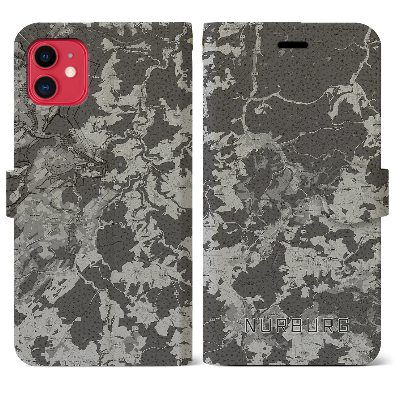 【ニュルブルク(ドイツ)】地図柄iPhoneケース(手帳タイプ)モノトーン・iPhone 11 用