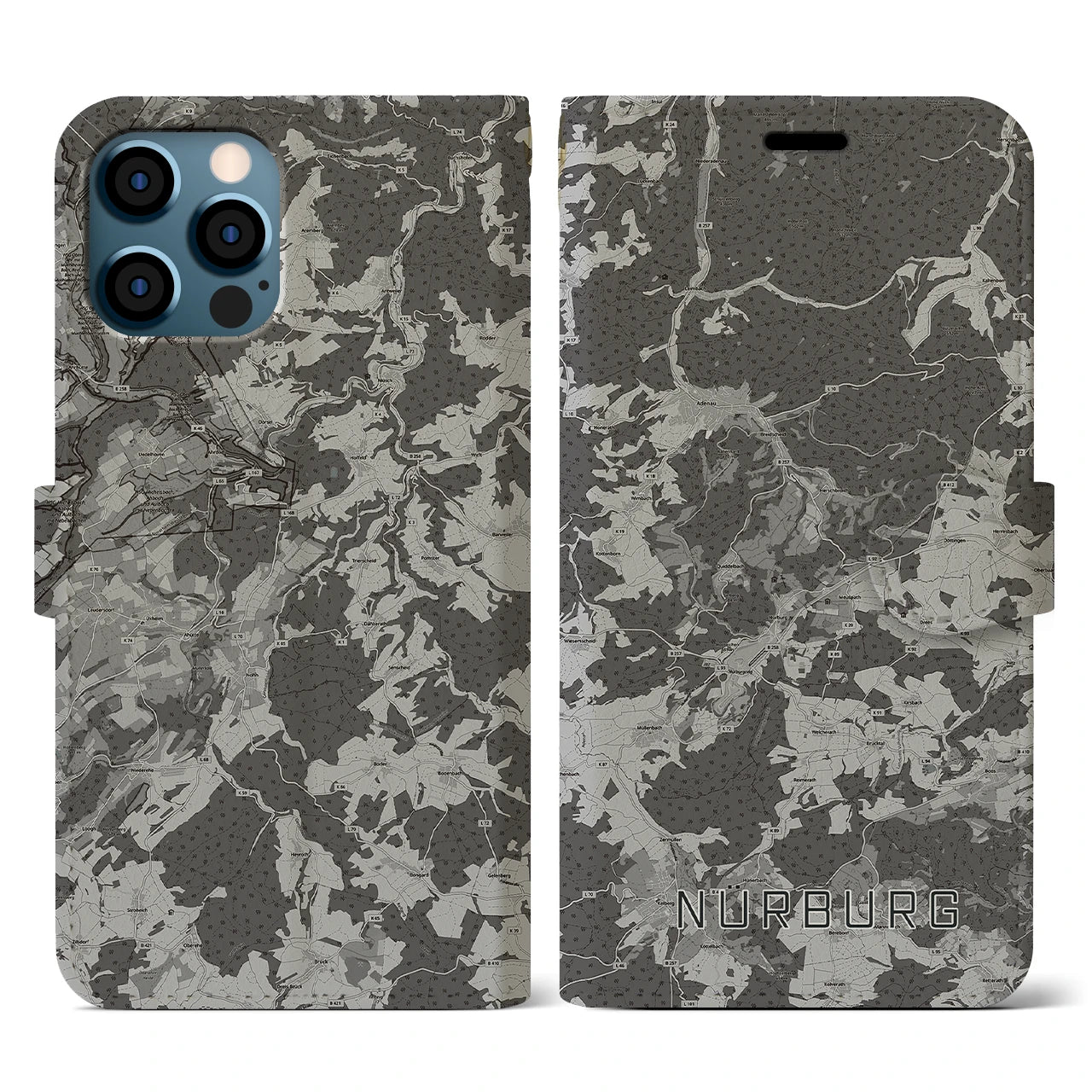 【ニュルブルク(ドイツ)】地図柄iPhoneケース(手帳タイプ)モノトーン・iPhone 12 / 12 Pro 用