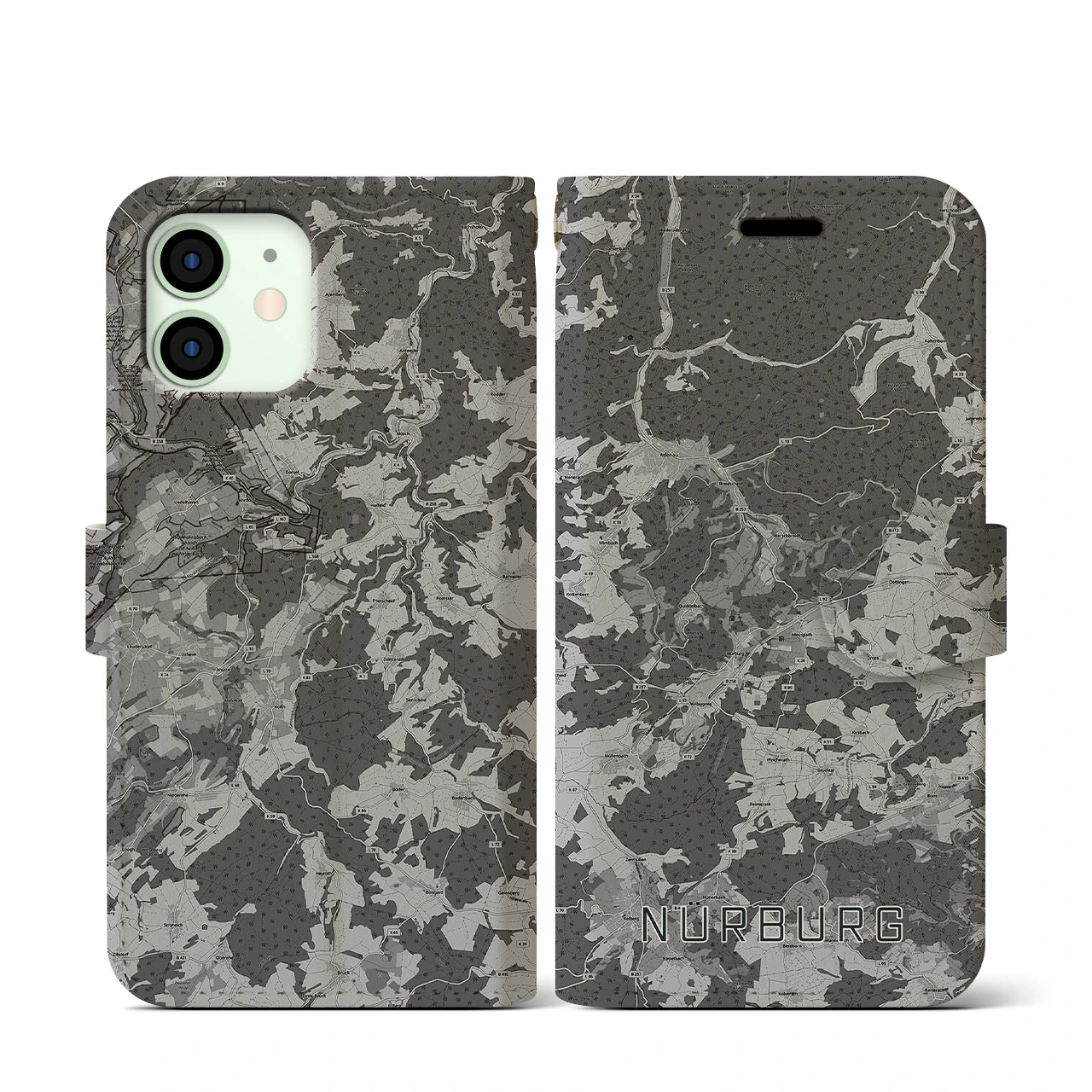 【ニュルブルク(ドイツ)】地図柄iPhoneケース(手帳タイプ)モノトーン・iPhone 12 mini 用