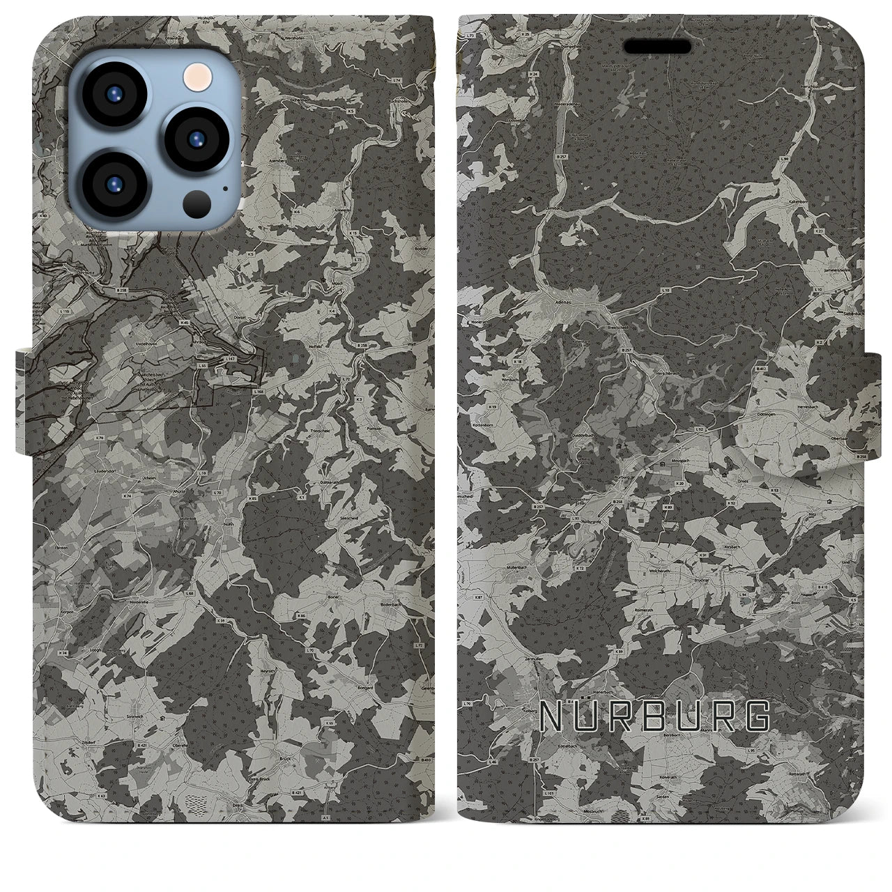【ニュルブルク(ドイツ)】地図柄iPhoneケース(手帳タイプ)モノトーン・iPhone 13 Pro Max 用