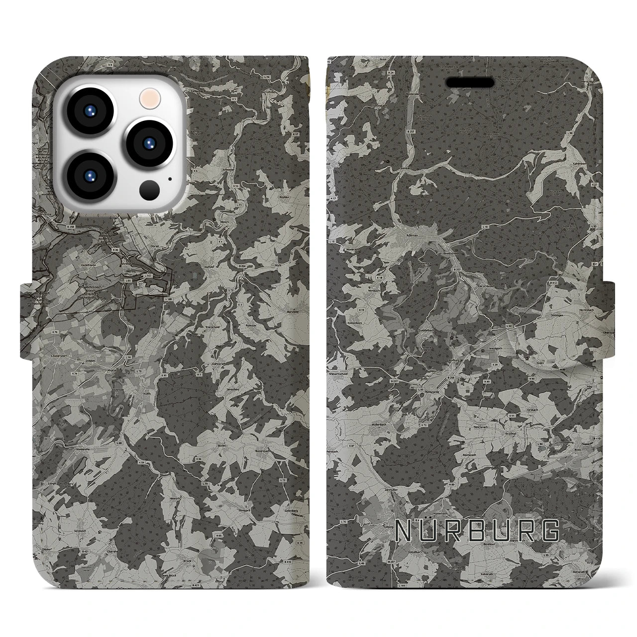 【ニュルブルク(ドイツ)】地図柄iPhoneケース(手帳タイプ)モノトーン・iPhone 13 Pro 用
