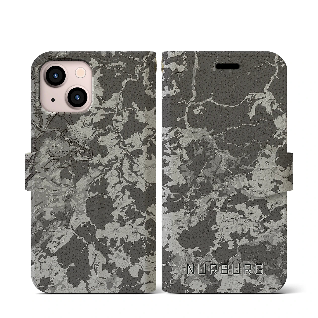 【ニュルブルク(ドイツ)】地図柄iPhoneケース(手帳タイプ)モノトーン・iPhone 13 mini 用