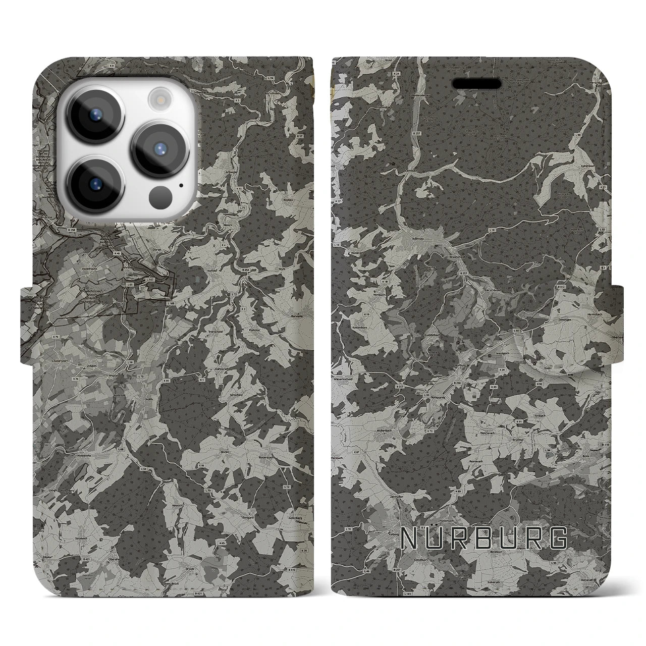 【ニュルブルク(ドイツ)】地図柄iPhoneケース(手帳タイプ)モノトーン・iPhone 14 Pro 用