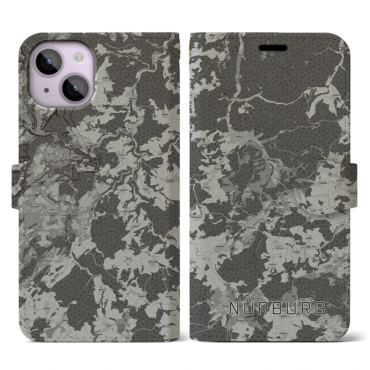 【ニュルブルク(ドイツ)】地図柄iPhoneケース(手帳タイプ)モノトーン・iPhone 14 用