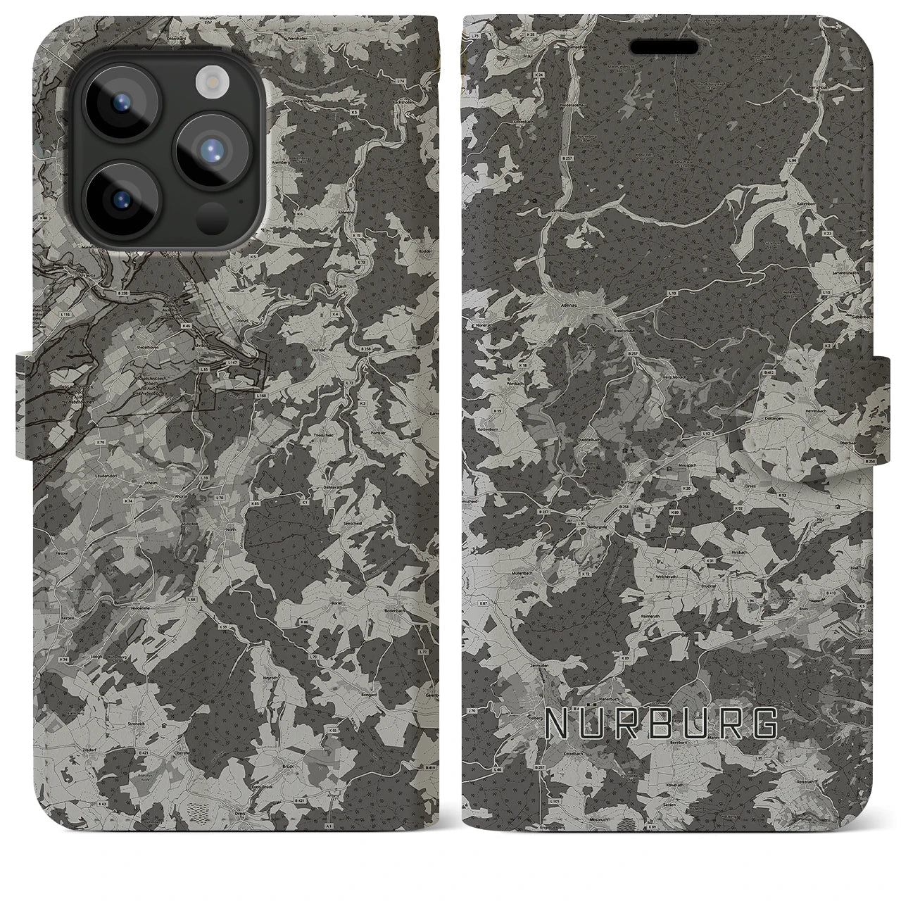 【ニュルブルク(ドイツ)】地図柄iPhoneケース(手帳タイプ)モノトーン・iPhone 15 Pro Max 用