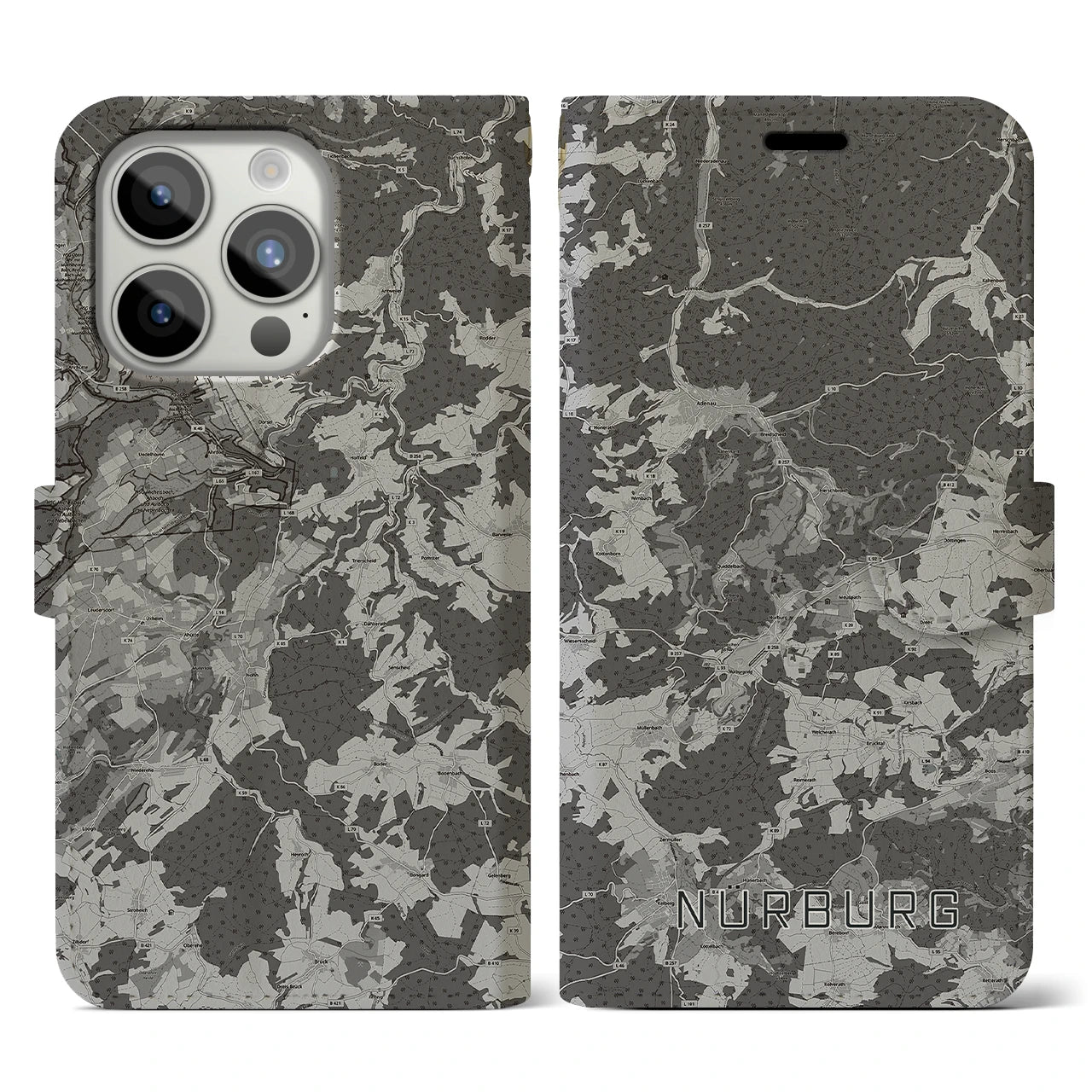 【ニュルブルク(ドイツ)】地図柄iPhoneケース(手帳タイプ)モノトーン・iPhone 15 Pro 用