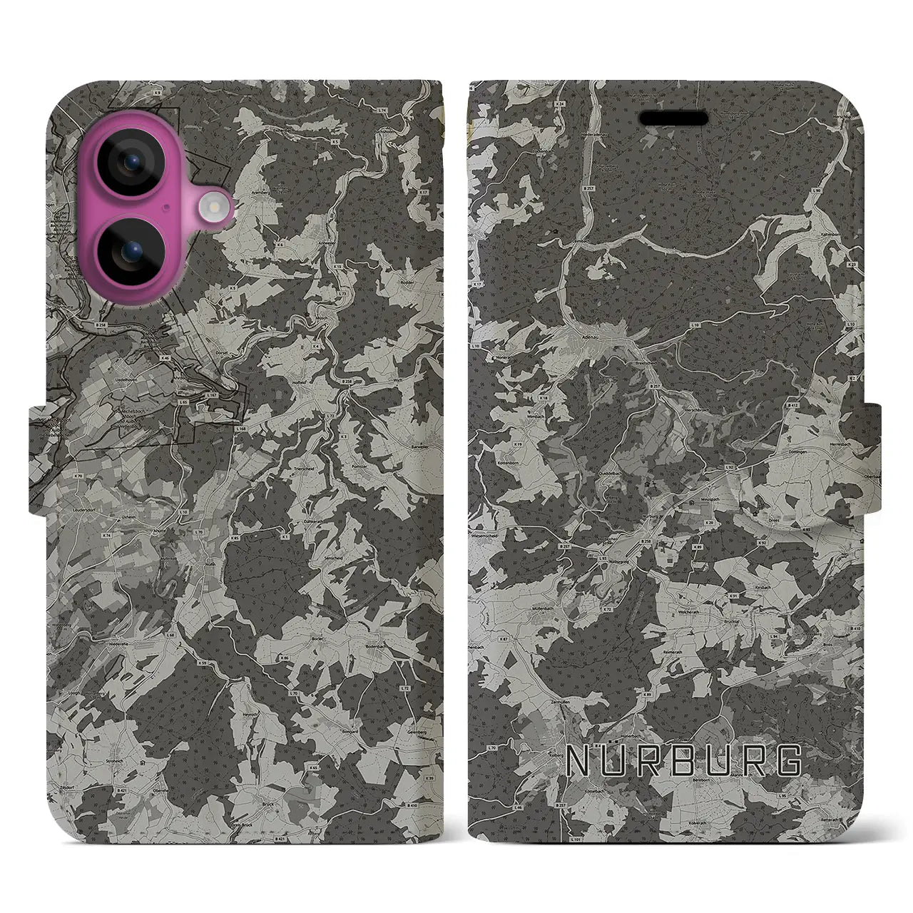 【ニュルブルク(ドイツ)】地図柄iPhoneケース(手帳タイプ)モノトーン・iPhone 16 Pro 用