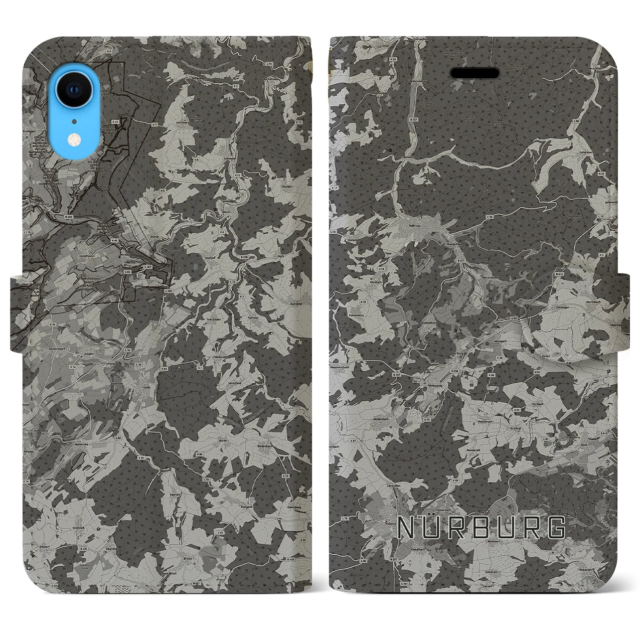 【ニュルブルク(ドイツ)】地図柄iPhoneケース(手帳タイプ)モノトーン・iPhone XR 用