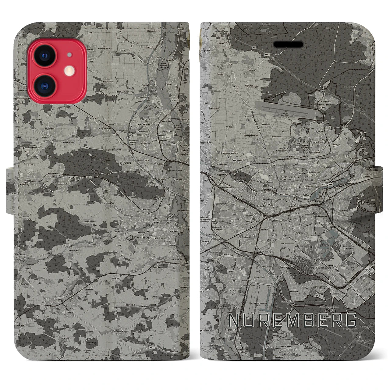 【ニュルンベルク(ドイツ)】地図柄iPhoneケース(手帳タイプ)モノトーン・iPhone 11 用