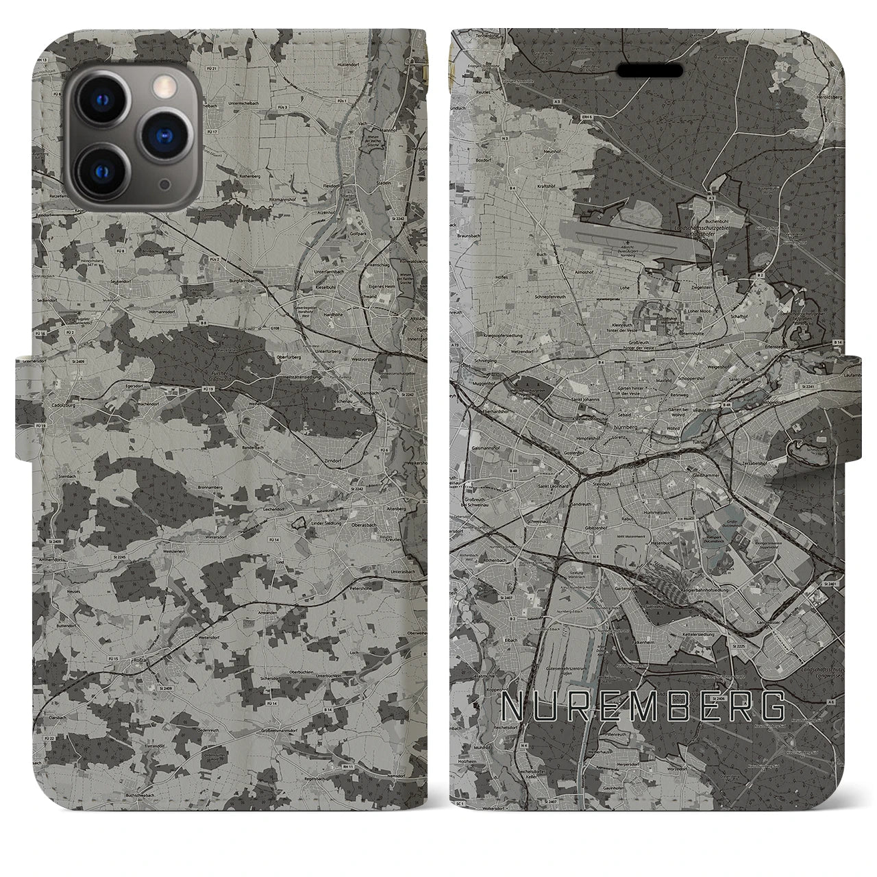 【ニュルンベルク(ドイツ)】地図柄iPhoneケース(手帳タイプ)モノトーン・iPhone 11 Pro Max 用