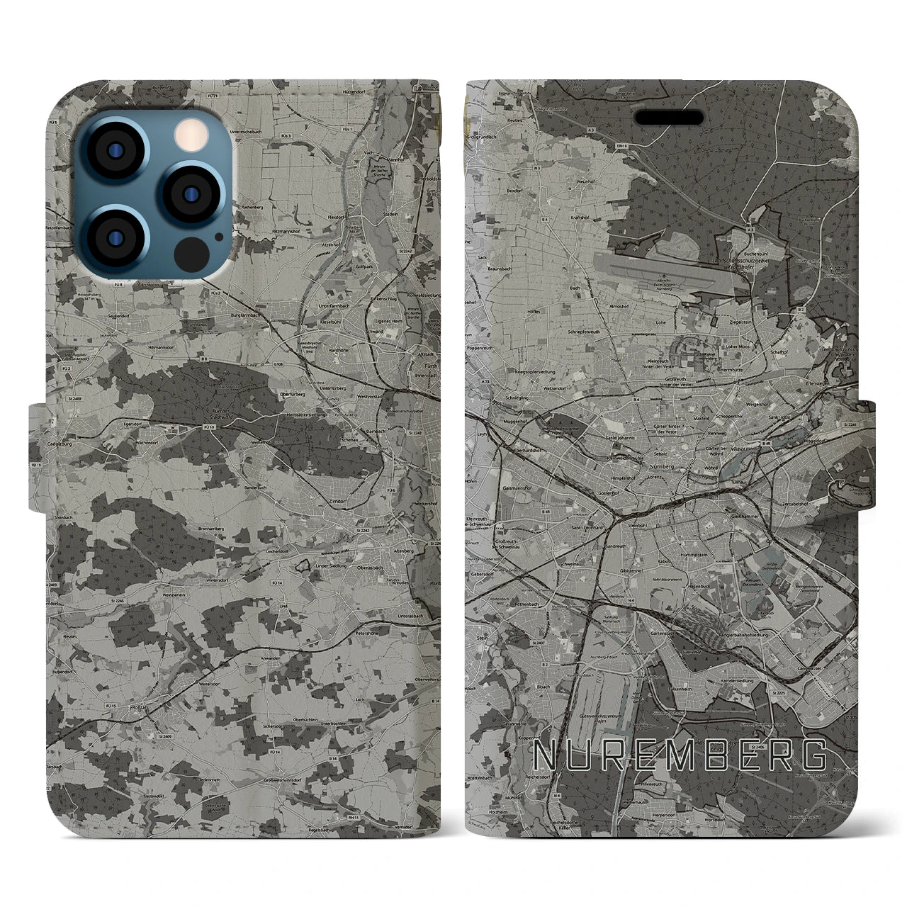 【ニュルンベルク(ドイツ)】地図柄iPhoneケース(手帳タイプ)モノトーン・iPhone 12 / 12 Pro 用