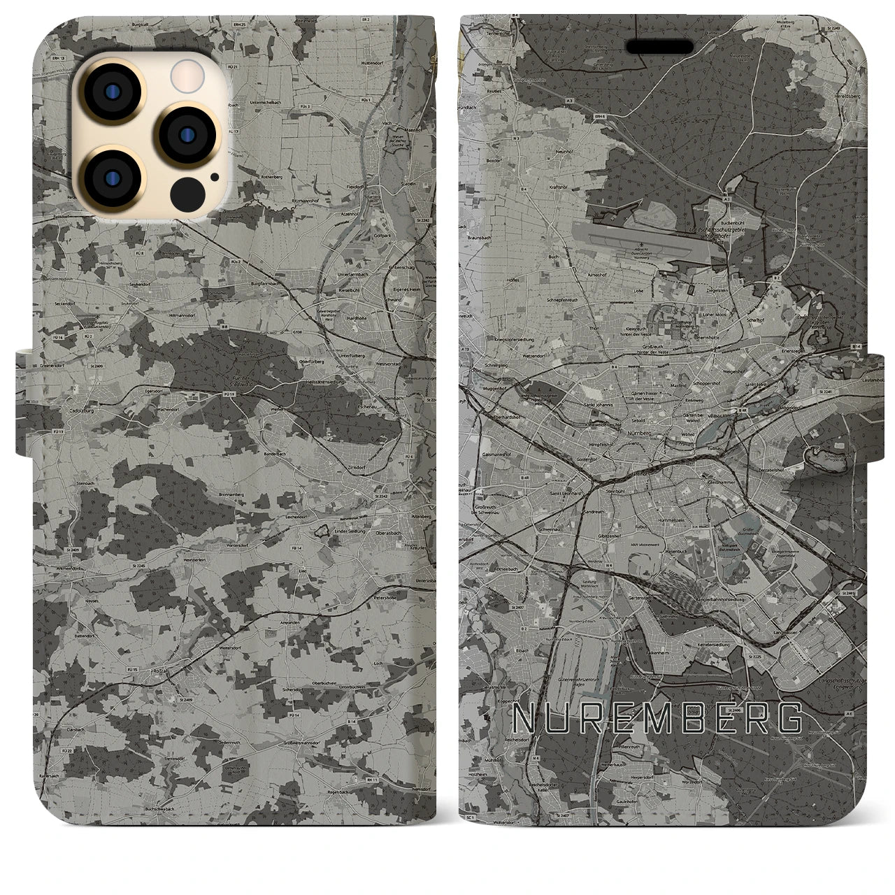 【ニュルンベルク(ドイツ)】地図柄iPhoneケース(手帳タイプ)モノトーン・iPhone 12 Pro Max 用