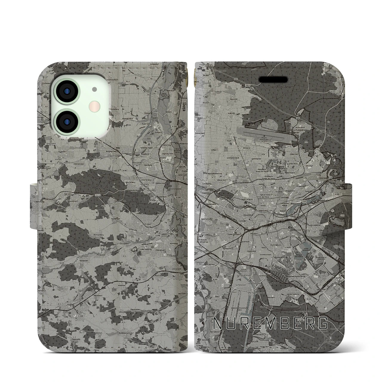 【ニュルンベルク(ドイツ)】地図柄iPhoneケース(手帳タイプ)モノトーン・iPhone 12 mini 用