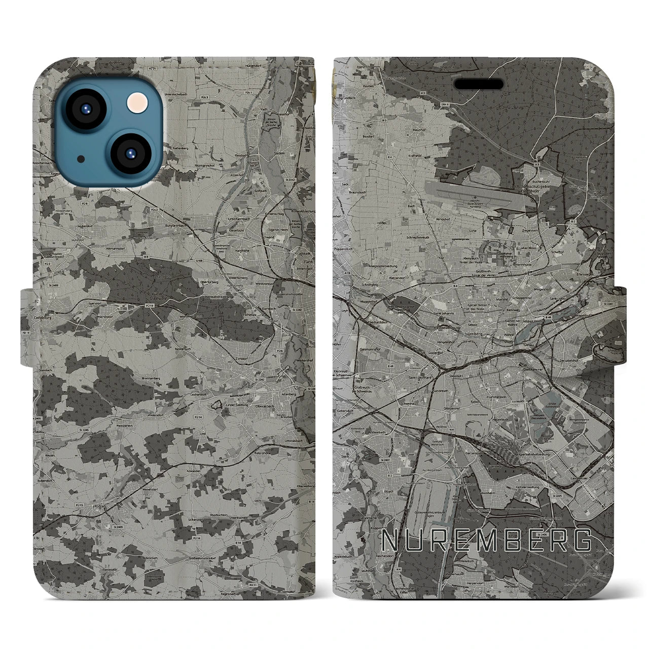 【ニュルンベルク(ドイツ)】地図柄iPhoneケース(手帳タイプ)モノトーン・iPhone 13 用