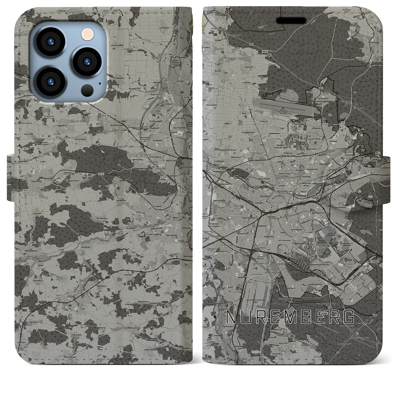 【ニュルンベルク(ドイツ)】地図柄iPhoneケース(手帳タイプ)モノトーン・iPhone 13 Pro Max 用