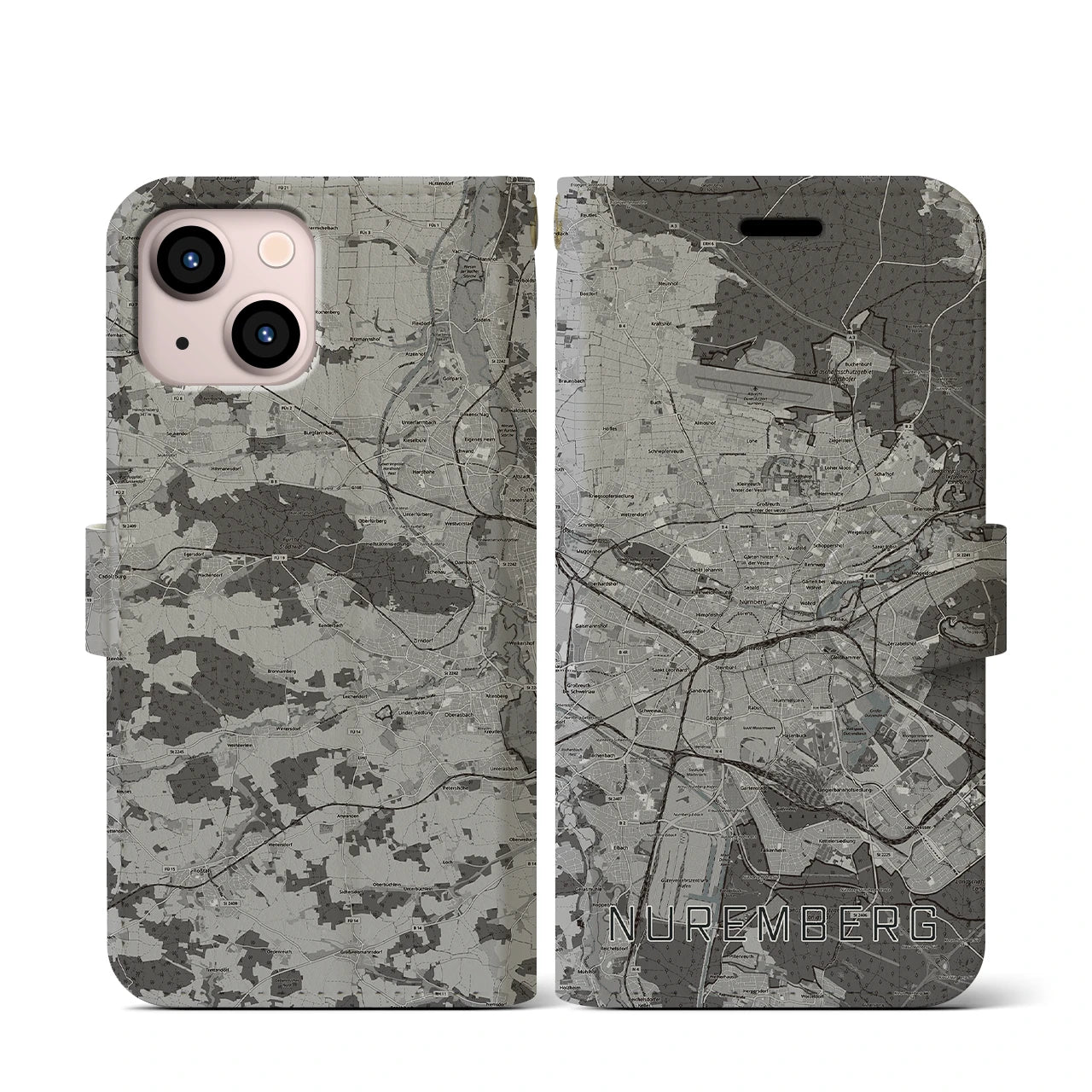 【ニュルンベルク(ドイツ)】地図柄iPhoneケース(手帳タイプ)モノトーン・iPhone 13 mini 用