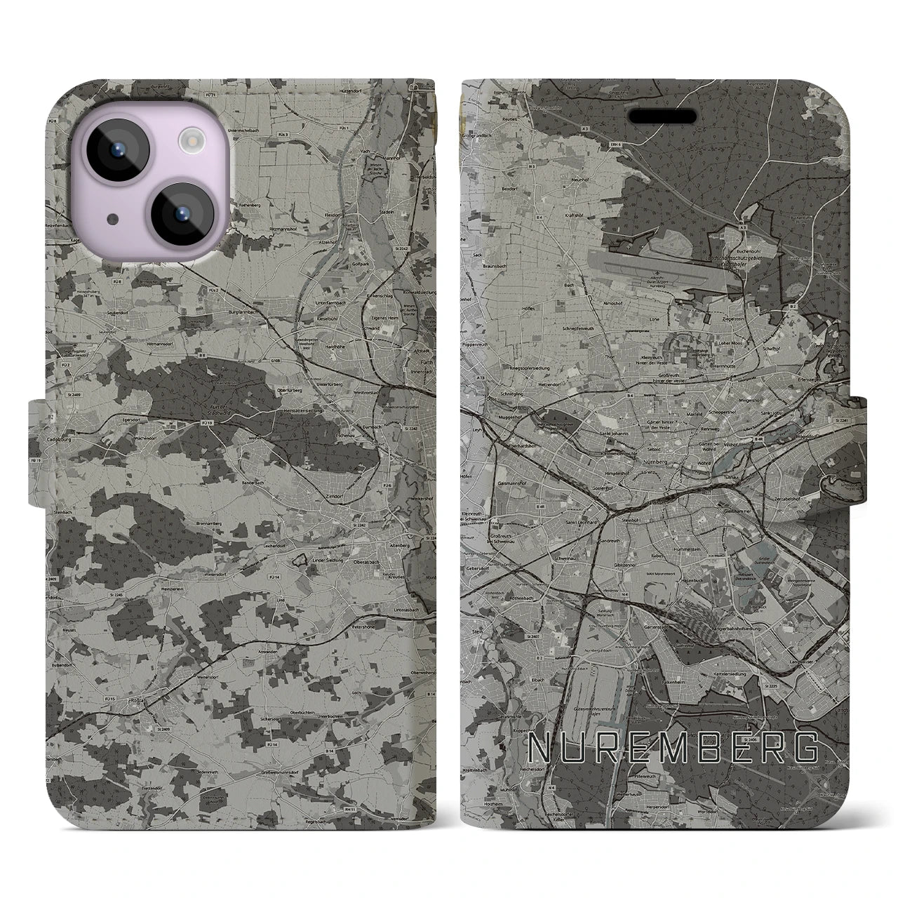 【ニュルンベルク(ドイツ)】地図柄iPhoneケース(手帳タイプ)モノトーン・iPhone 14 用