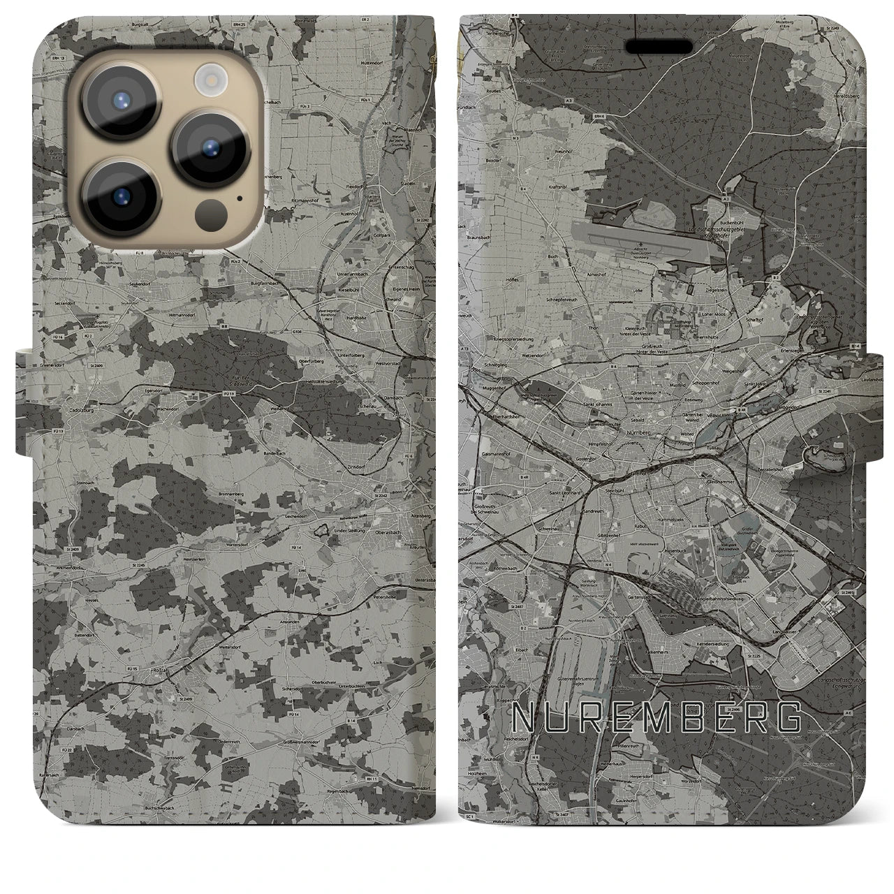 【ニュルンベルク(ドイツ)】地図柄iPhoneケース(手帳タイプ)モノトーン・iPhone 14 Pro Max 用