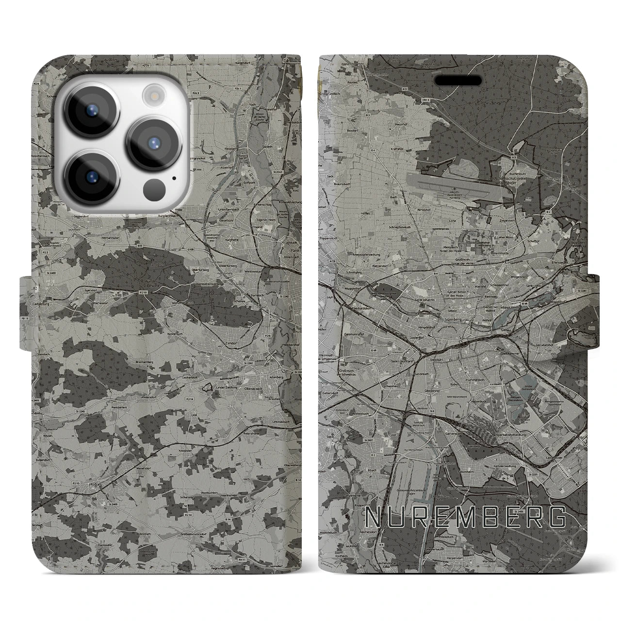 【ニュルンベルク(ドイツ)】地図柄iPhoneケース(手帳タイプ)モノトーン・iPhone 14 Pro 用