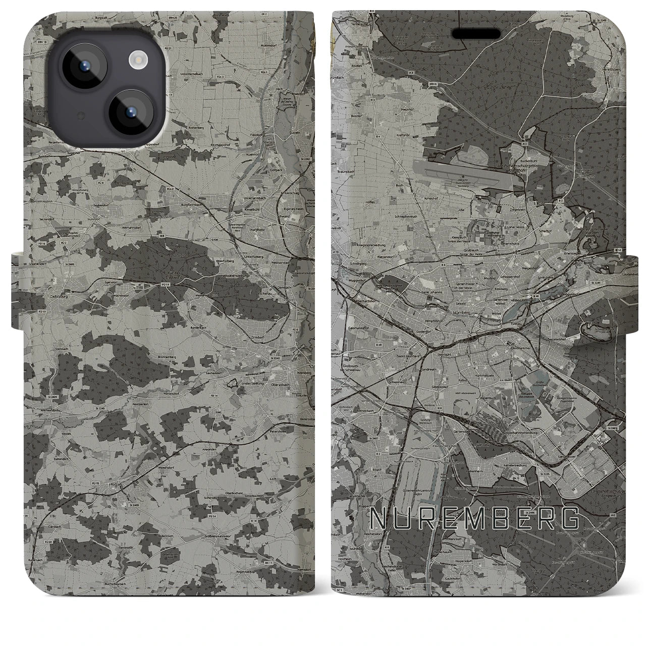 【ニュルンベルク(ドイツ)】地図柄iPhoneケース(手帳タイプ)モノトーン・iPhone 14 Plus 用