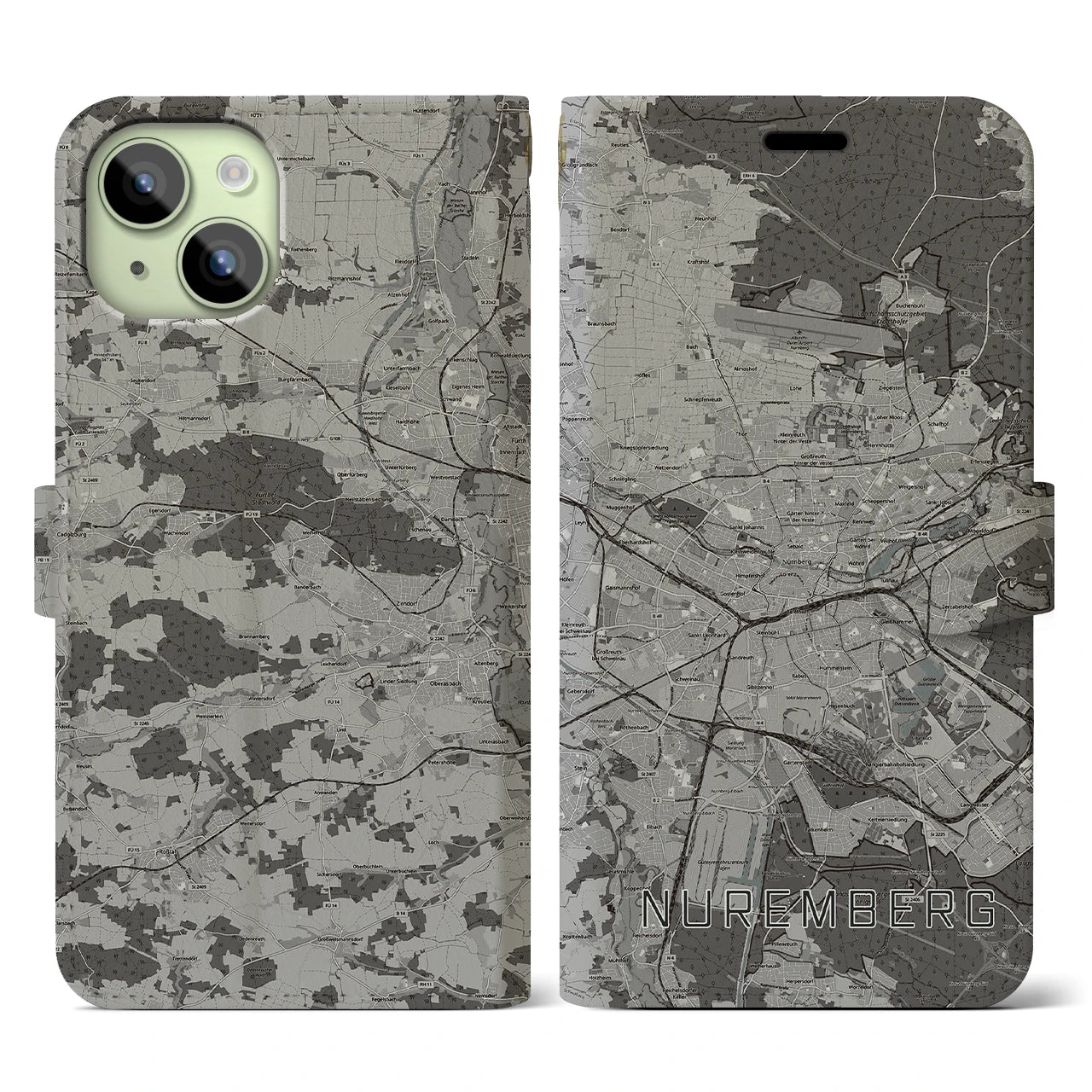 【ニュルンベルク(ドイツ)】地図柄iPhoneケース(手帳タイプ)モノトーン・iPhone 15 用
