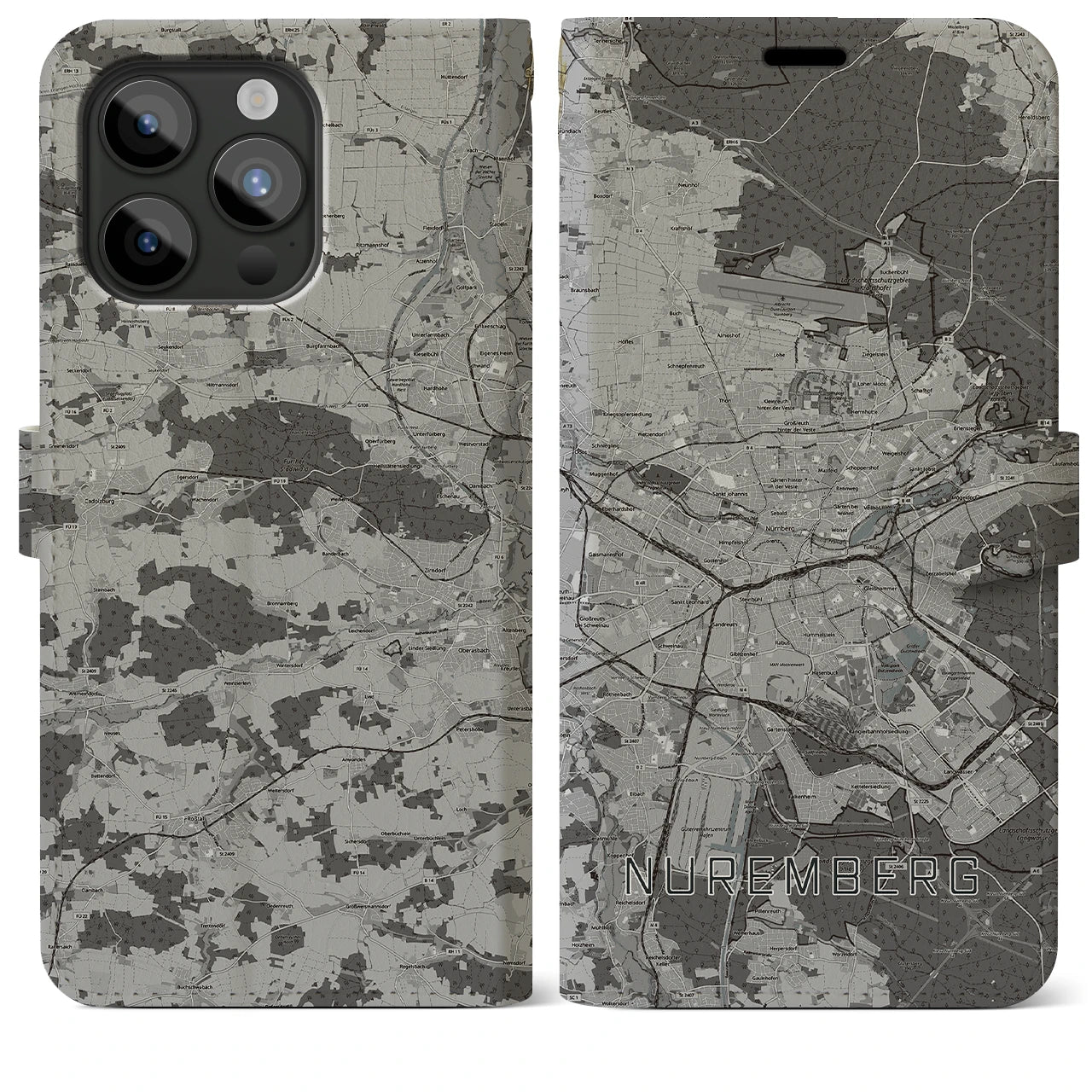 【ニュルンベルク(ドイツ)】地図柄iPhoneケース(手帳タイプ)モノトーン・iPhone 15 Pro Max 用