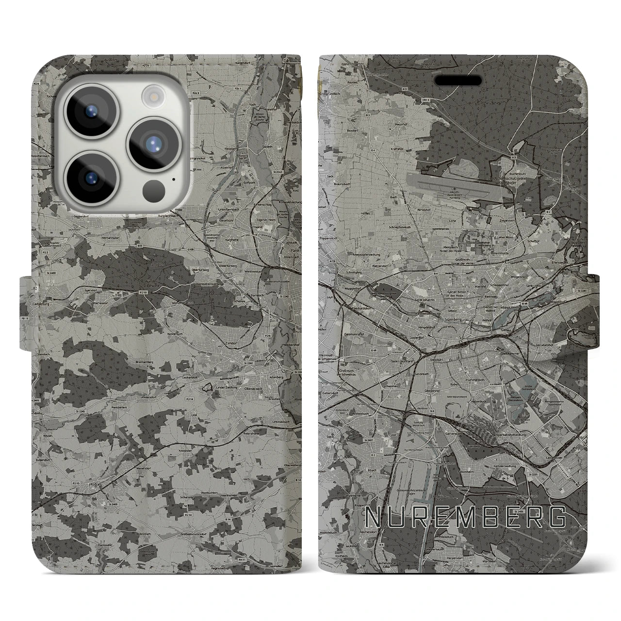 【ニュルンベルク(ドイツ)】地図柄iPhoneケース(手帳タイプ)モノトーン・iPhone 15 Pro 用