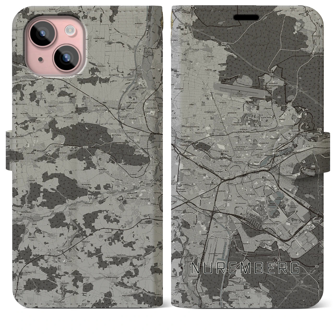 【ニュルンベルク(ドイツ)】地図柄iPhoneケース(手帳タイプ)モノトーン・iPhone 15 Plus 用