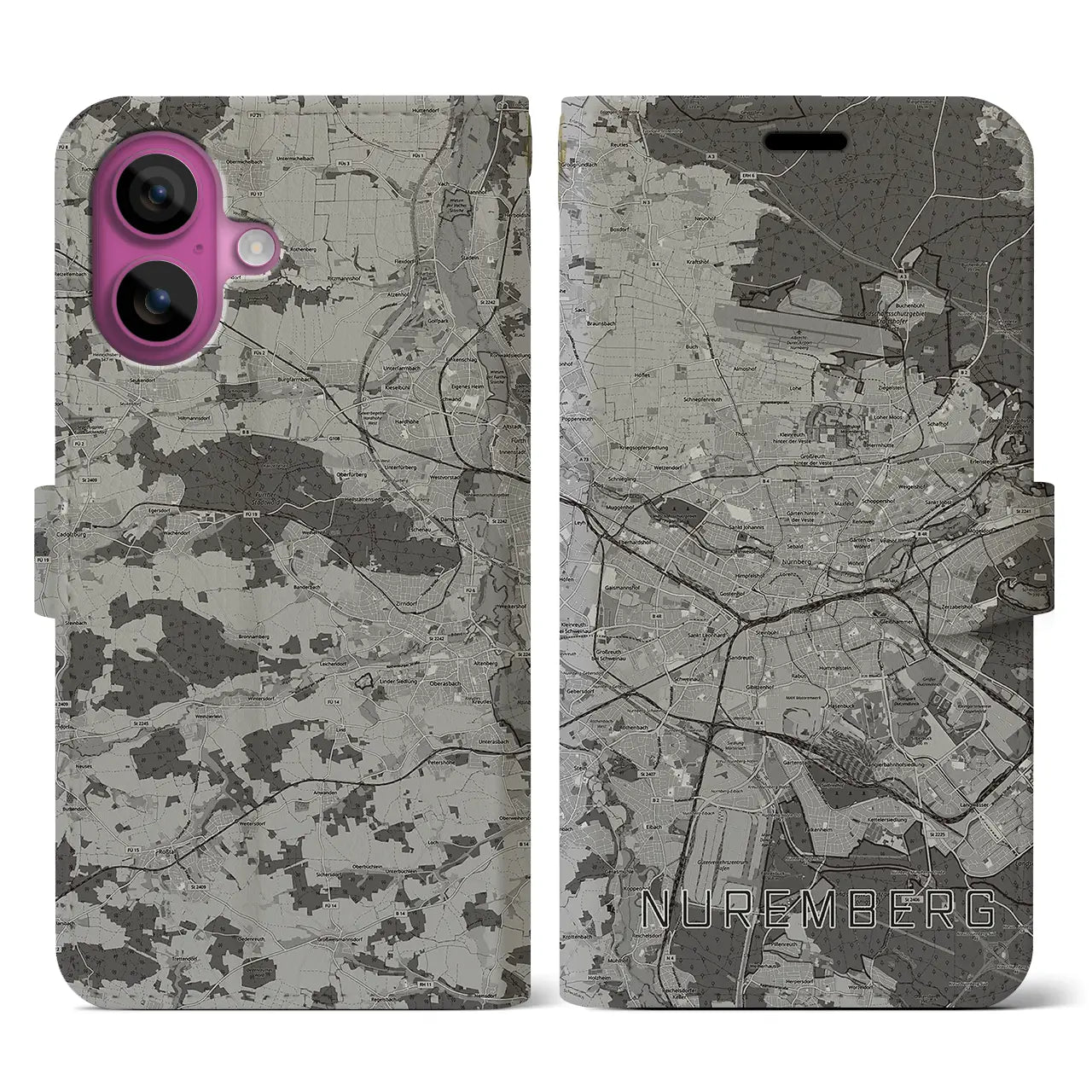 【ニュルンベルク(ドイツ)】地図柄iPhoneケース(手帳タイプ)モノトーン・iPhone 16 Pro 用