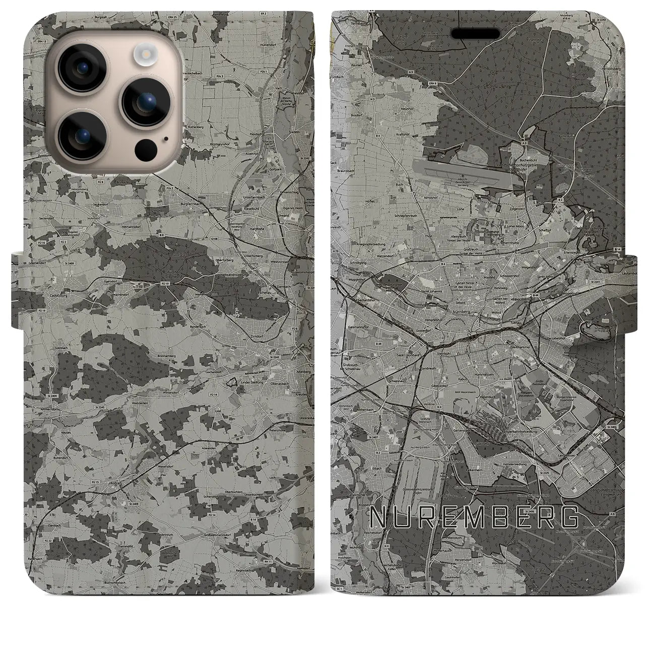 【ニュルンベルク(ドイツ)】地図柄iPhoneケース(手帳タイプ)モノトーン・iPhone 16 Plus 用
