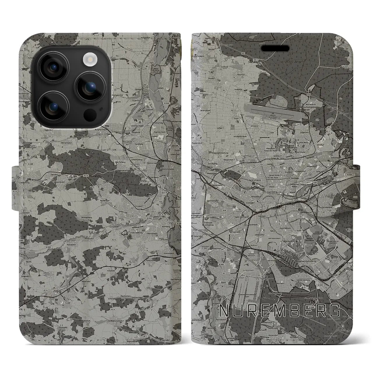 【ニュルンベルク(ドイツ)】地図柄iPhoneケース(手帳タイプ)モノトーン・iPhone 16 用
