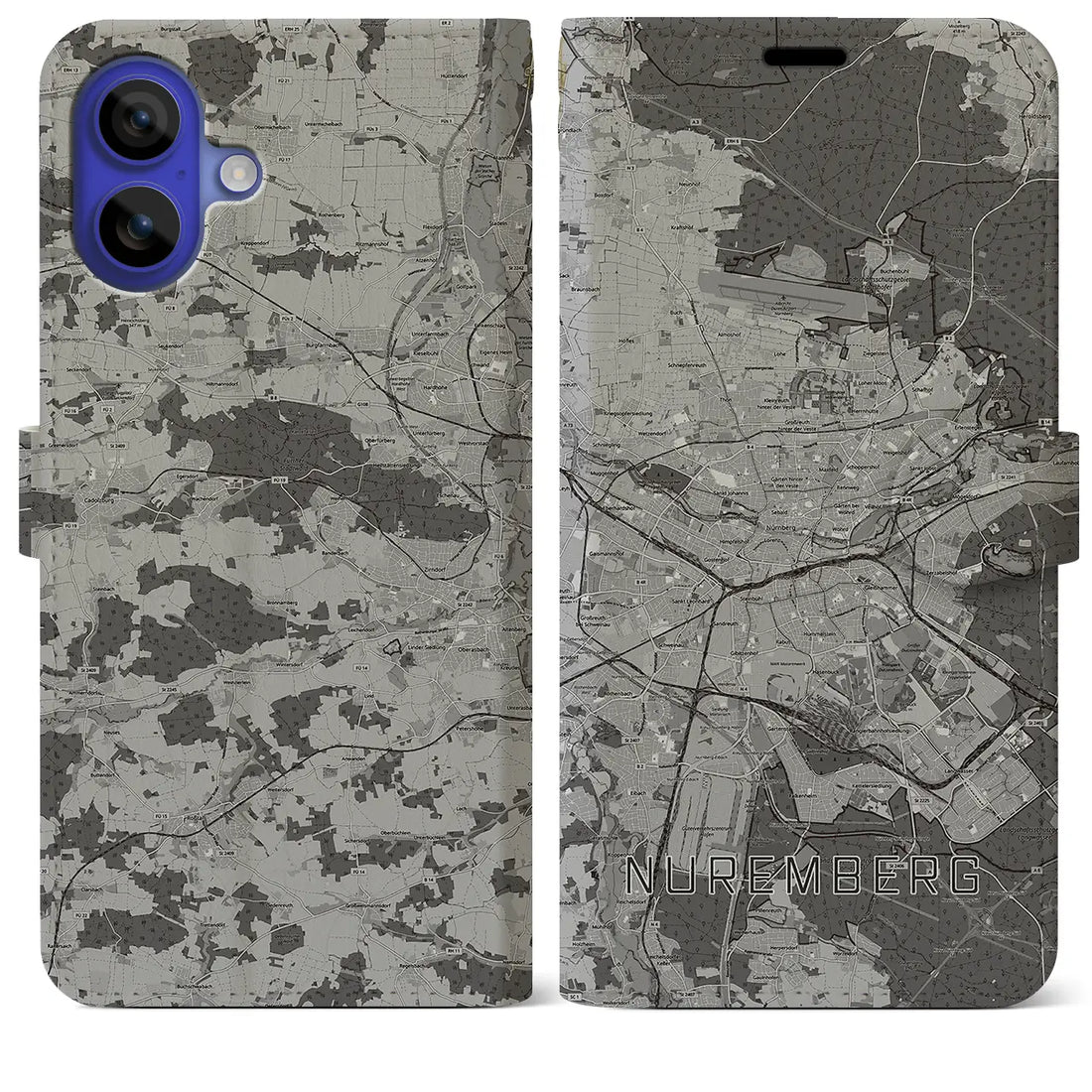 【ニュルンベルク(ドイツ)】地図柄iPhoneケース(手帳タイプ)モノトーン・iPhone 16 Pro Max 用