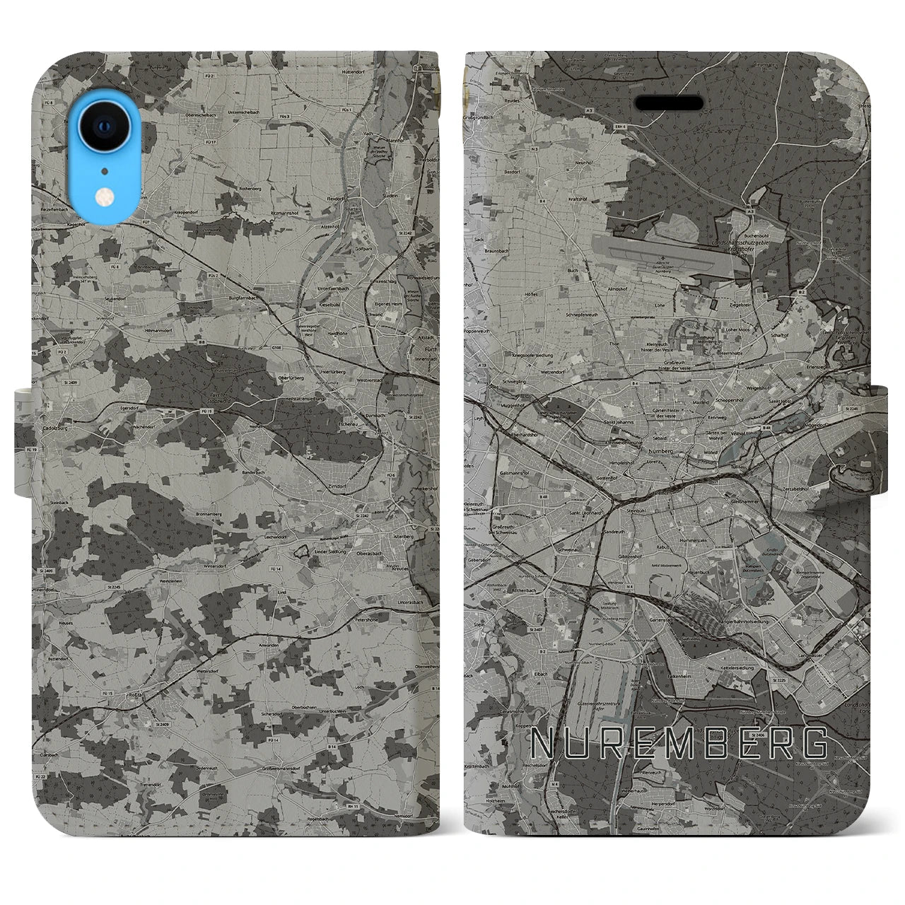 【ニュルンベルク(ドイツ)】地図柄iPhoneケース(手帳タイプ)モノトーン・iPhone XR 用