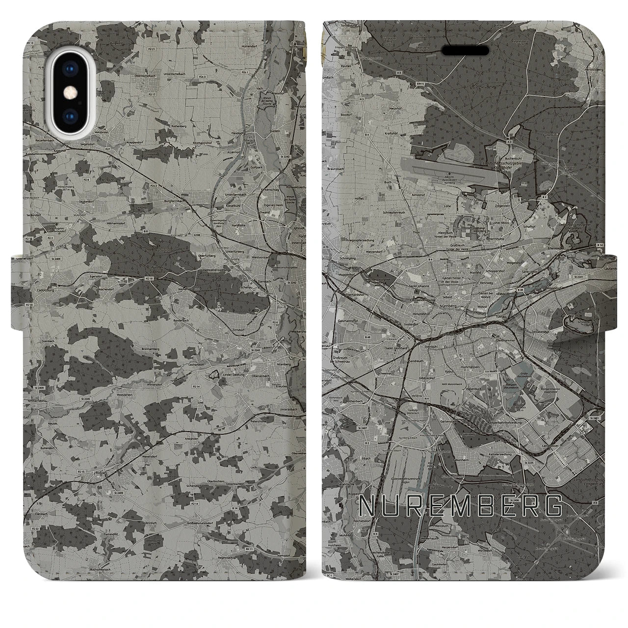 【ニュルンベルク(ドイツ)】地図柄iPhoneケース(手帳タイプ)モノトーン・iPhone XS Max 用