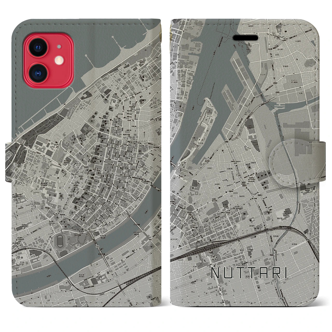 【沼垂(新潟県)】地図柄iPhoneケース(手帳タイプ)モノトーン・iPhone 11 用